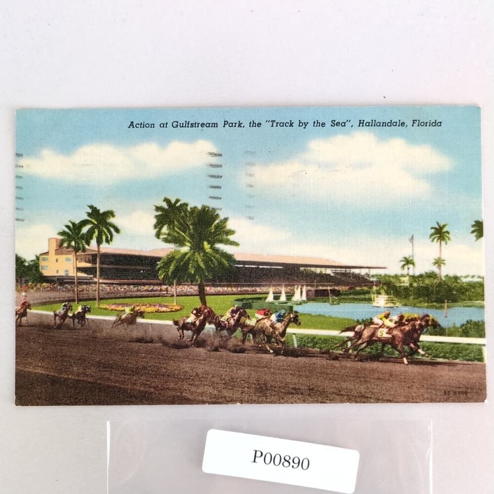 Horse Racing Gulfstream Park Hallandale FL 1940s Linen Postcard Track by the Sea
